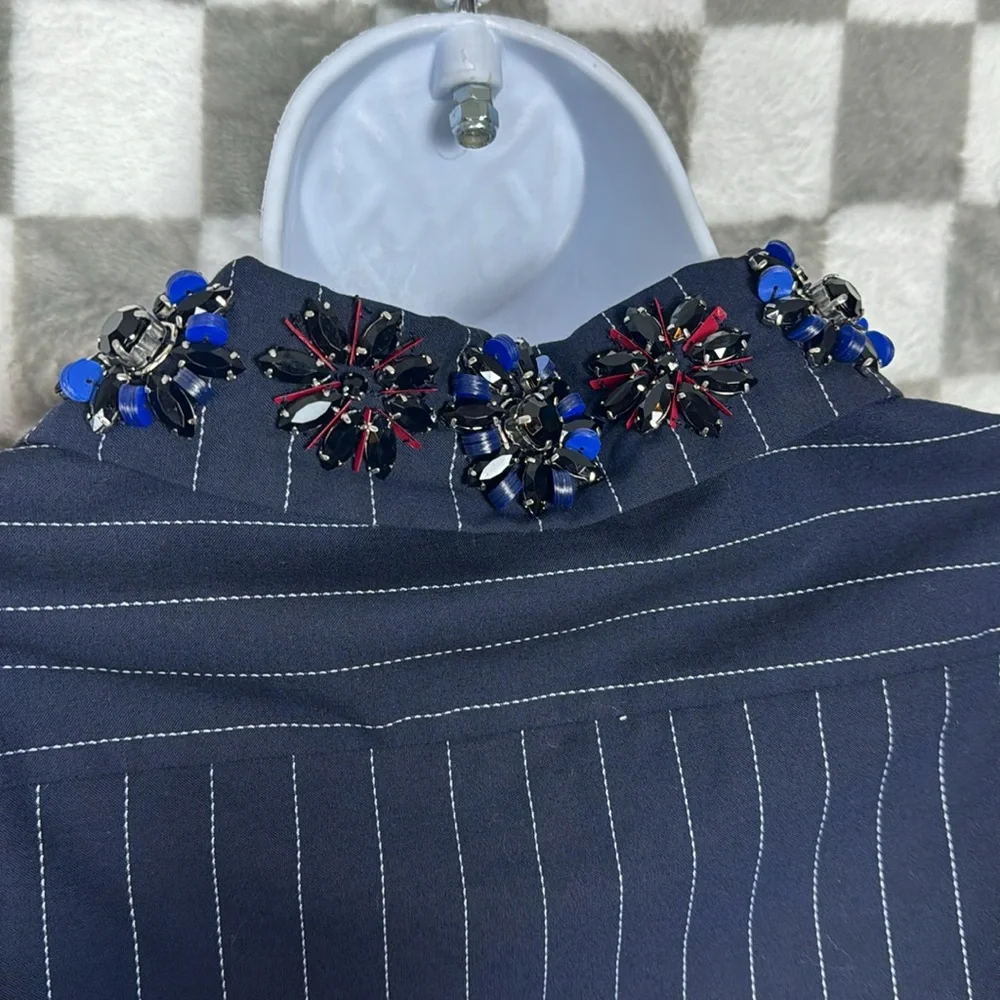 Banana Republic Pinstripe navy collared dress, rhinestone neckline pockets S - Picture 9 of 10